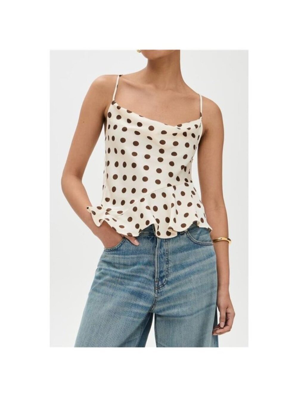 Crisscross Ruffled Hem Polka Dot Cami
